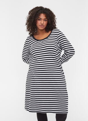 Striped cotton dress with long sleeves , Black w. White Thin, Model image number 0