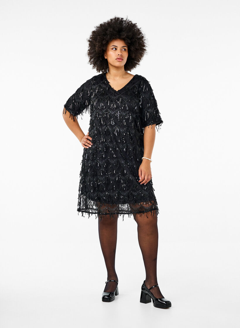 Short dress with sequin fringes, Black, Model image number 2