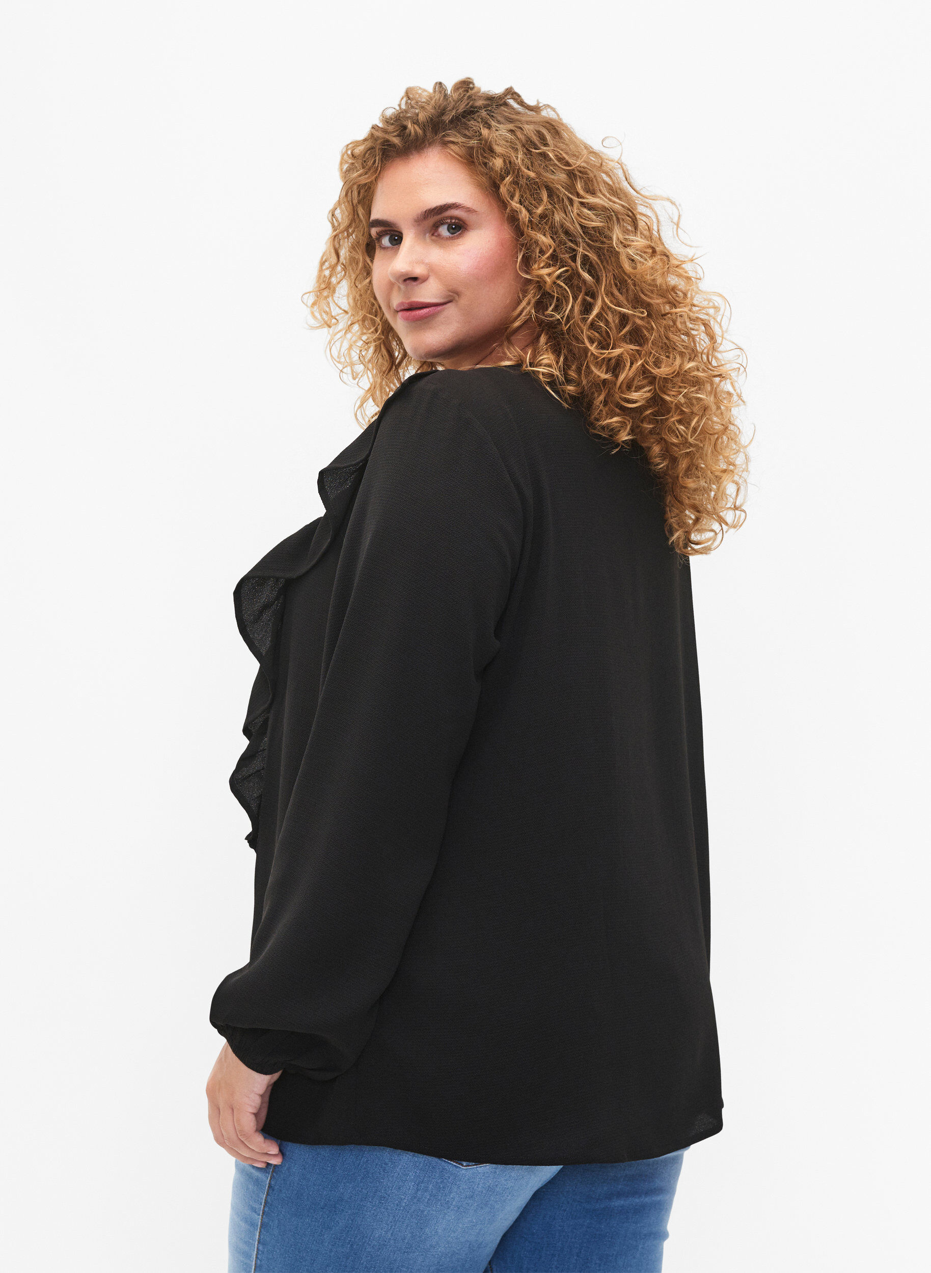 Zizzifashion Long sleeve blouse with ruffles, Black, Model image number 1