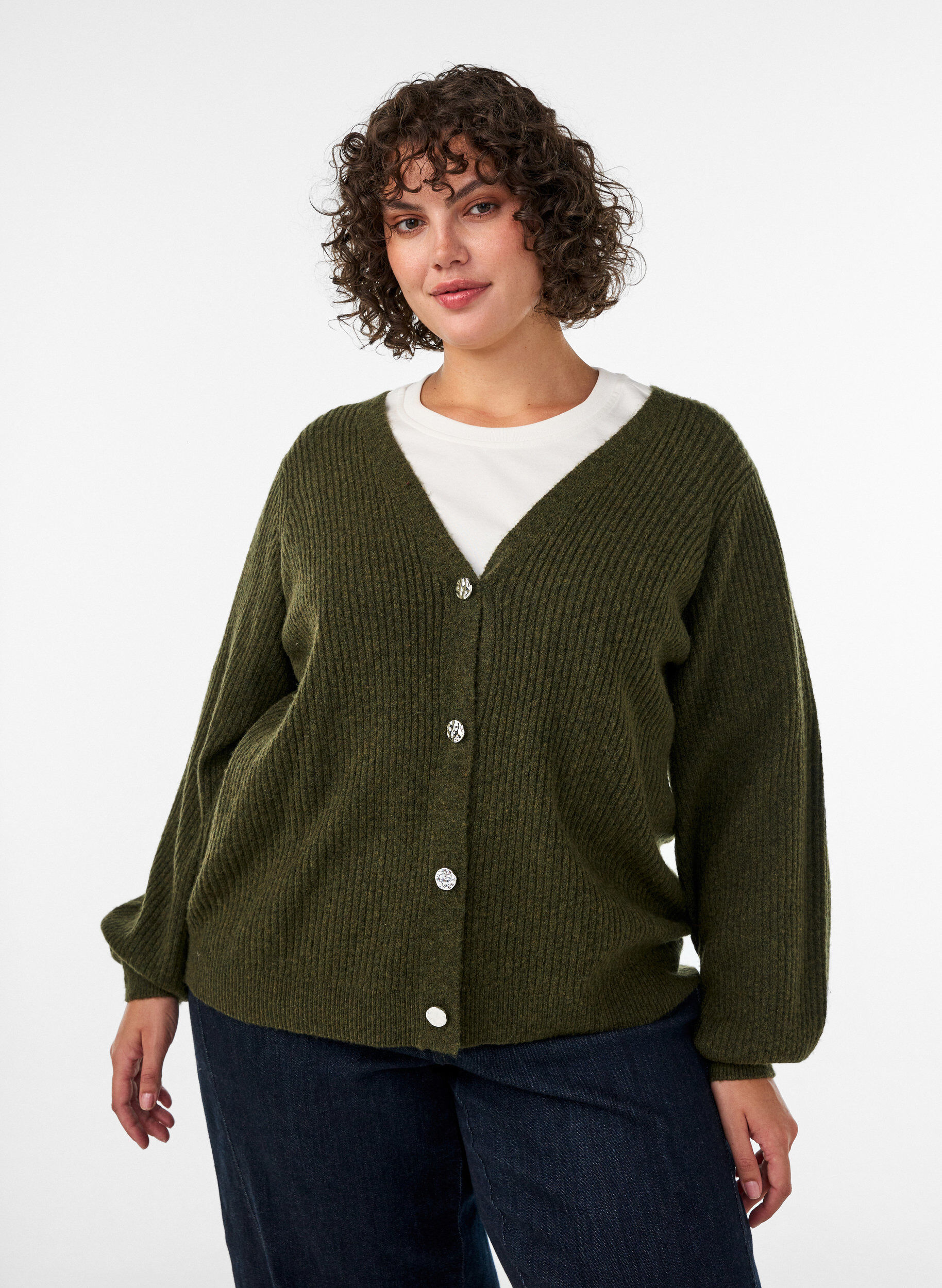 ZizzifashionCardigan with V-neck and ribbed texture, Green, Model image number 0
