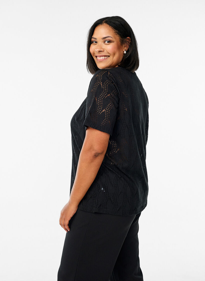 Jersey T-shirt with eyelet pattern, Black, Model image number 2