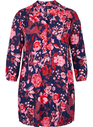 Floral viscose tunic with 3/4 sleeves, Flower AOP, Packshot image number 0