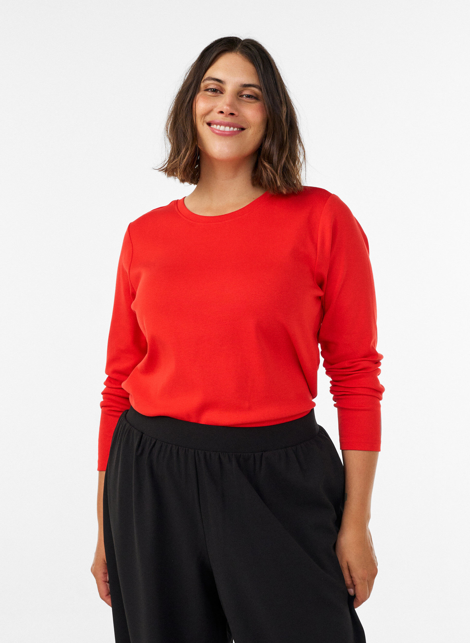 ZizzifashionLong-sleeved basic T-shirt with a round neck, Red, Model image number 0