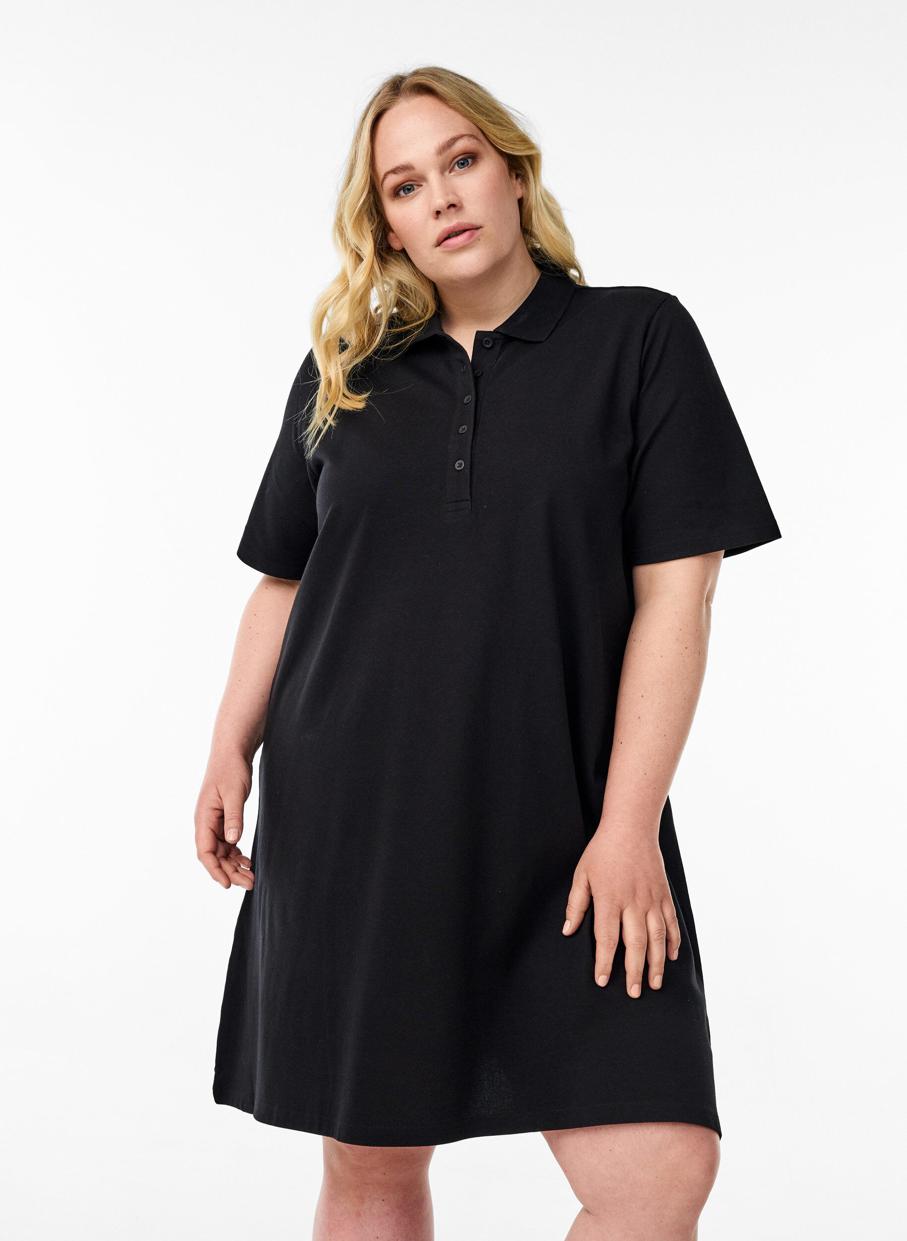 Short A-line polo dress, Black, Model