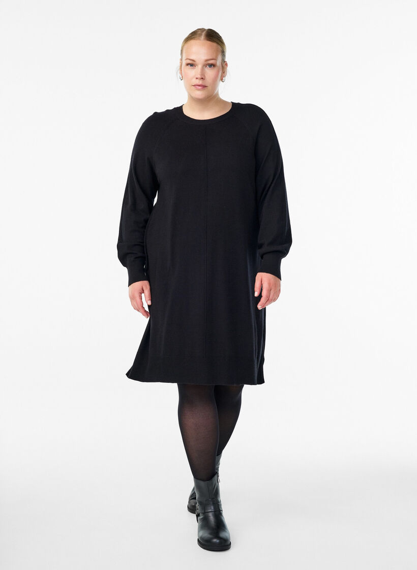 Short knitted dress with raglan sleeves and a centre seam, Black, Model image number 1