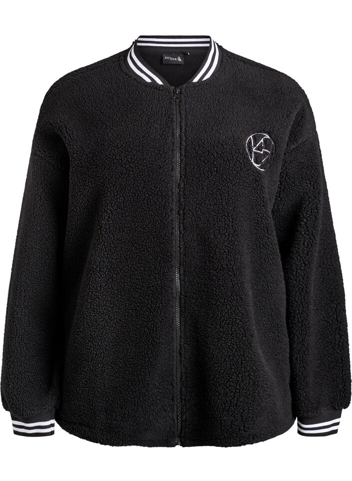 Teddy fleece jacket with stripe details, Black, Packshot image number 0