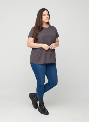 Short-sleeved cotton t-shirt  with rhinestones, Black Acid, Model image number 2