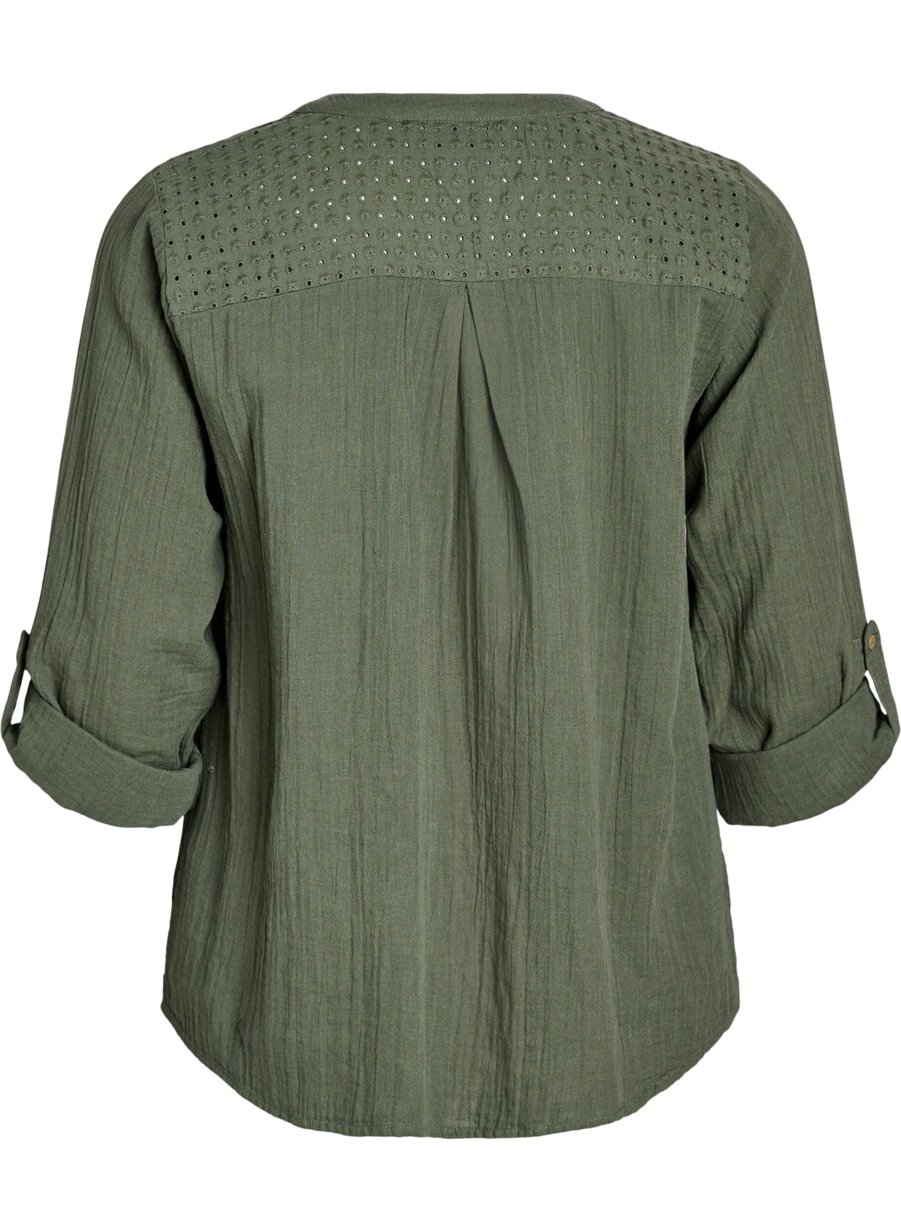 Zizzifashion Blouse in cotton muslin with broderie anglaise, Green, Packshot image number 1