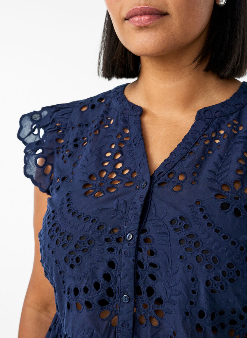 Sleeveless broderie anglaise blouse with ruffles, Blue, Model image number 3
