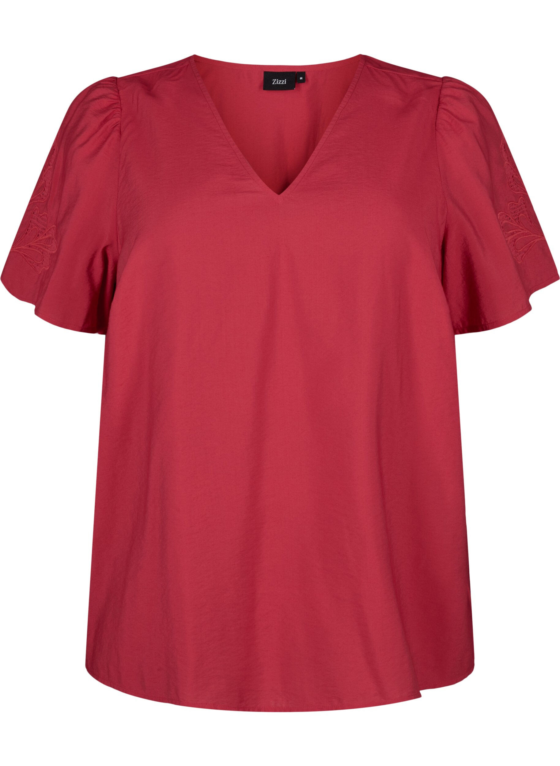 Zizzifashion Short sleeve viscose blouse with embroidery, Red, Packshot image number 0