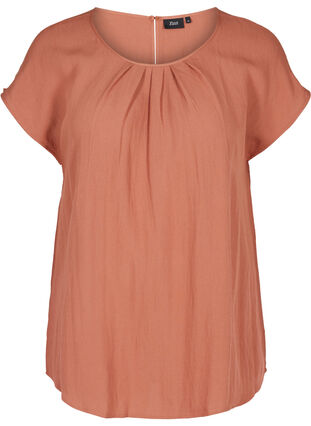 Short-sleeved viscose blouse with round neck, Copper Brown, Packshot image number 0