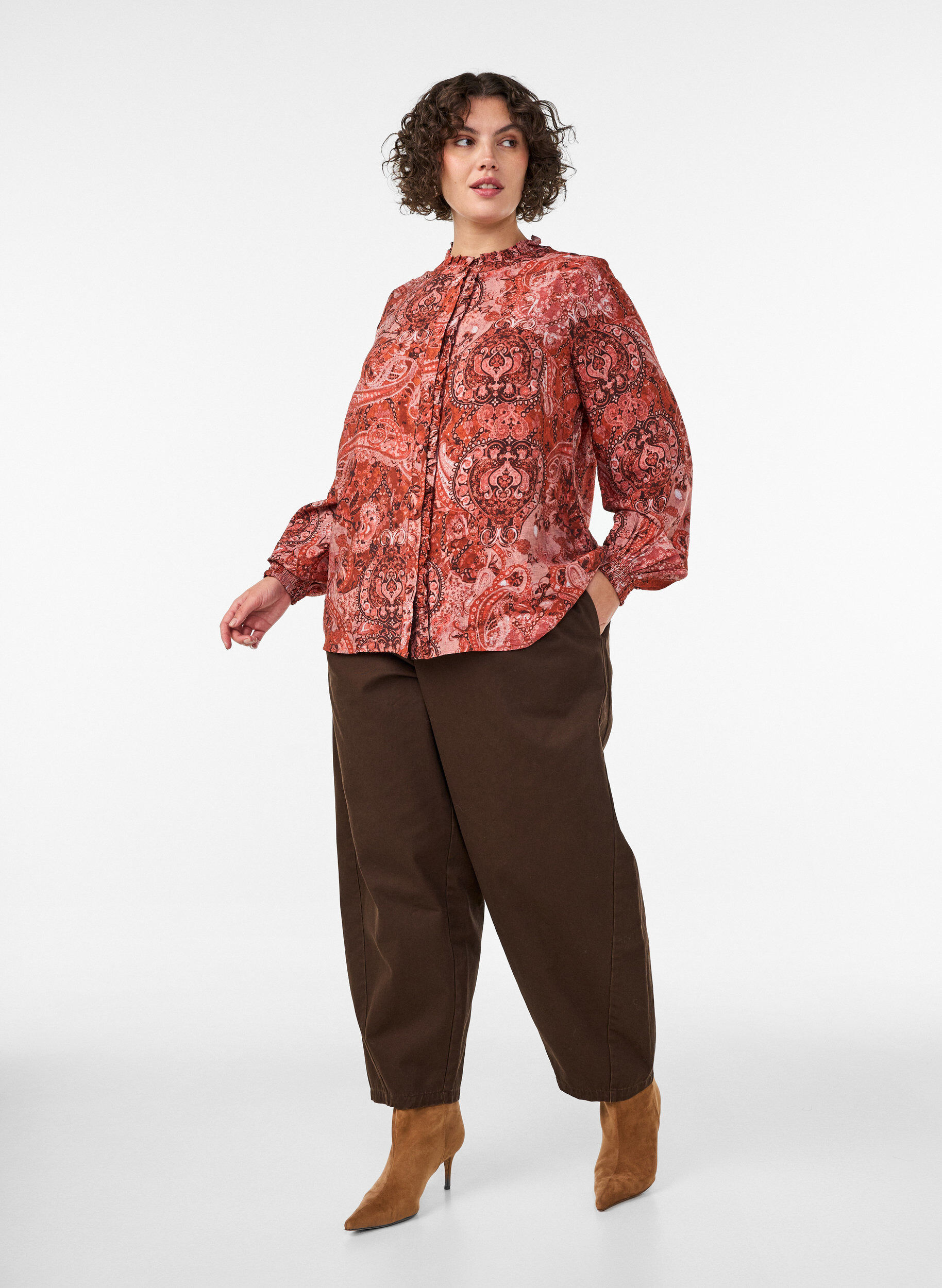 ZizzifashionViscose blouse with paisley print and ruffles, Orange, Model image number 1