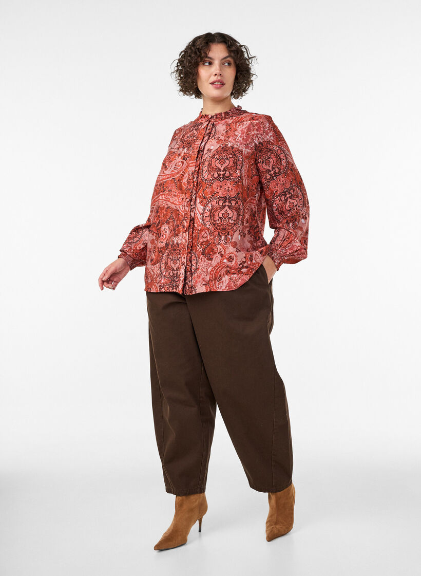 Viscose blouse with paisley print and ruffles, Orange, Model image number 1