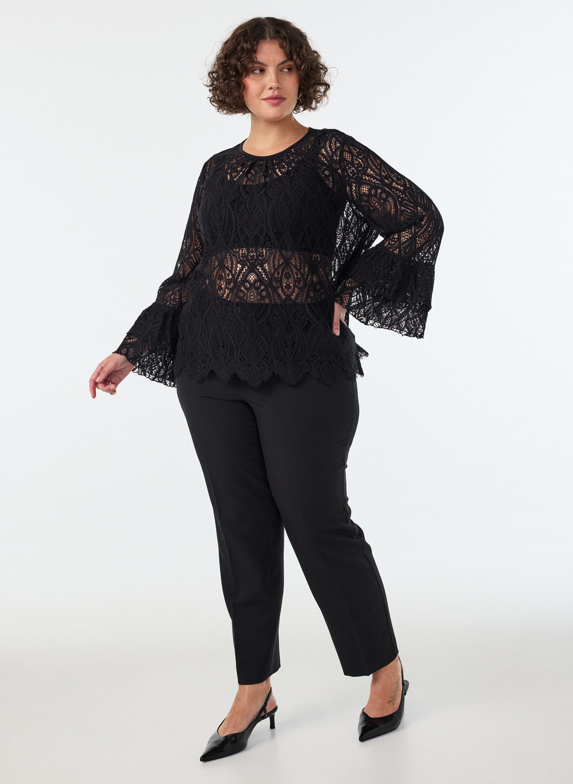 ZizzifashionLace blouse with long trumpet sleeves and ruffles, Black, Model image number 1