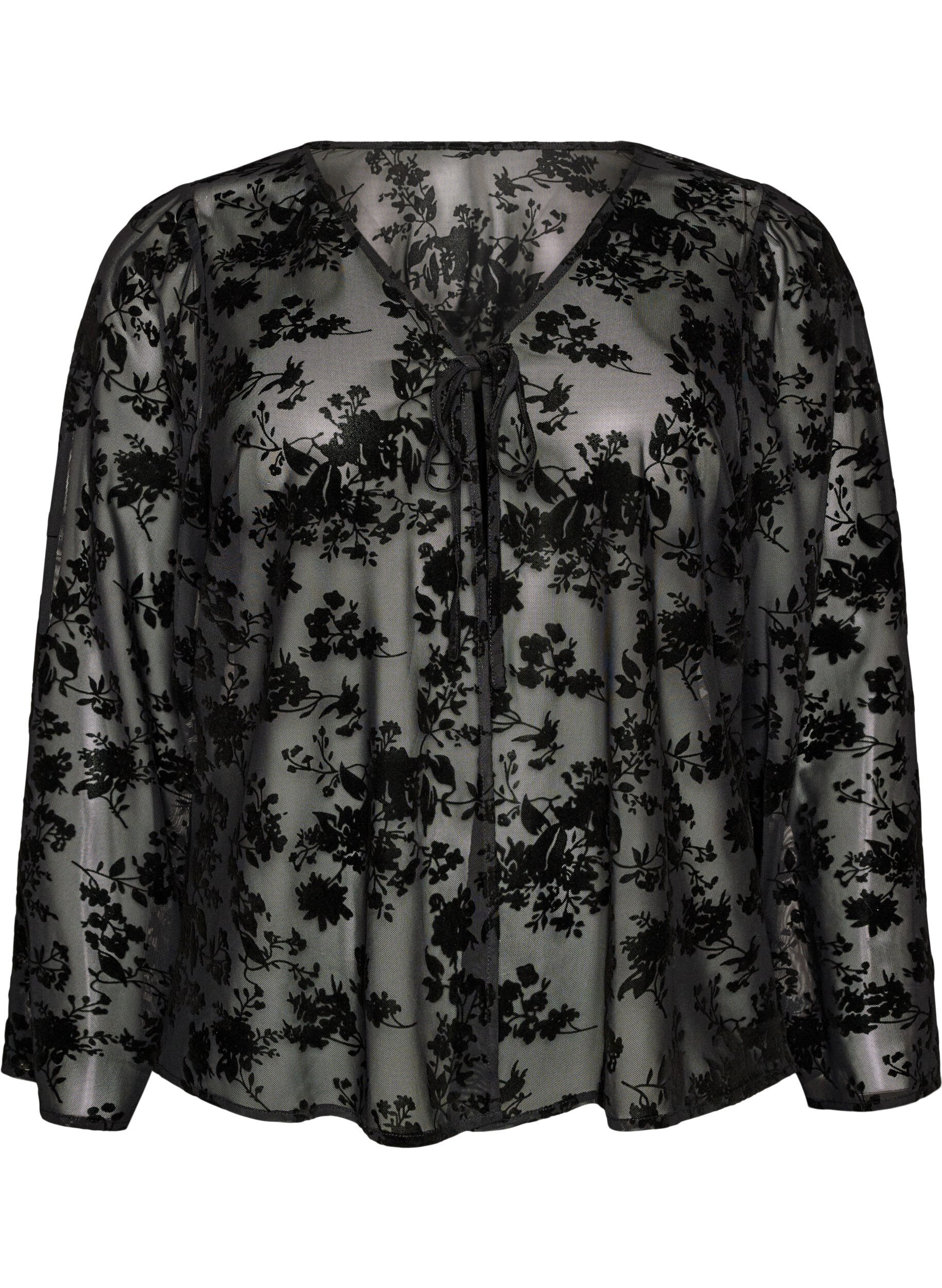 Mesh blouse with floral pattern and open front