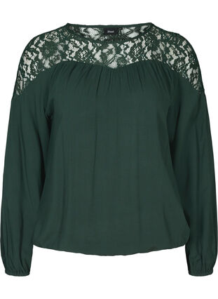 Long-sleeved viscose blouse with lace, Darkest Spruce, Packshot image number 0