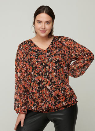 Printed blouse with a V-neck and smocking, Black w. Red AOP, Model image number 0