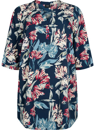Floral tunic with 3/4 sleeves, Navy Flower, Packshot image number 0