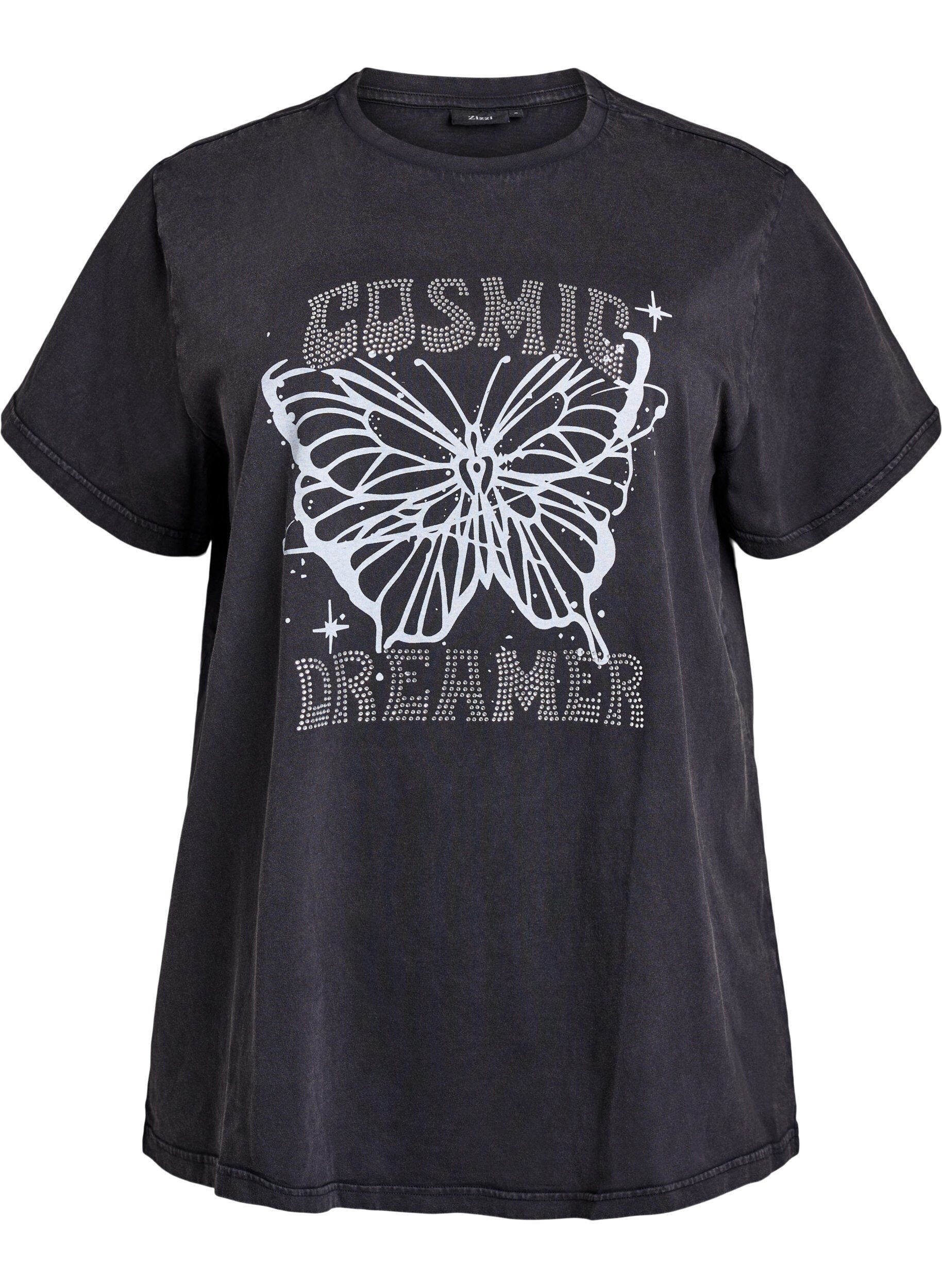 Zizzifashion Organic cotton T-shirt with rhinestones and butterfly motif, Grey, Packshot image number 0