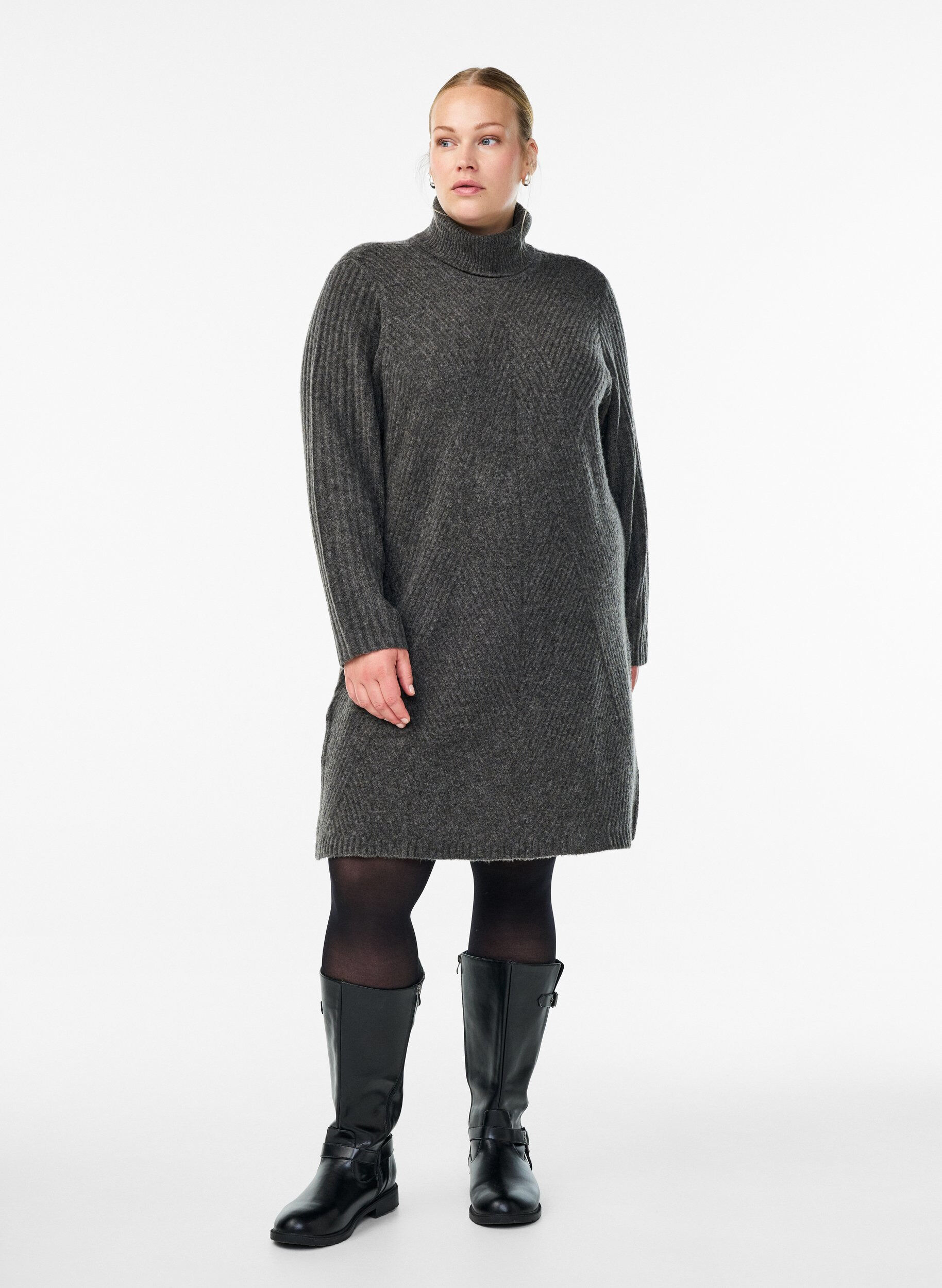 Zizzifashion Short knitted dress with a turtleneck and ribbed texture, Dark Grey, Model image number 1