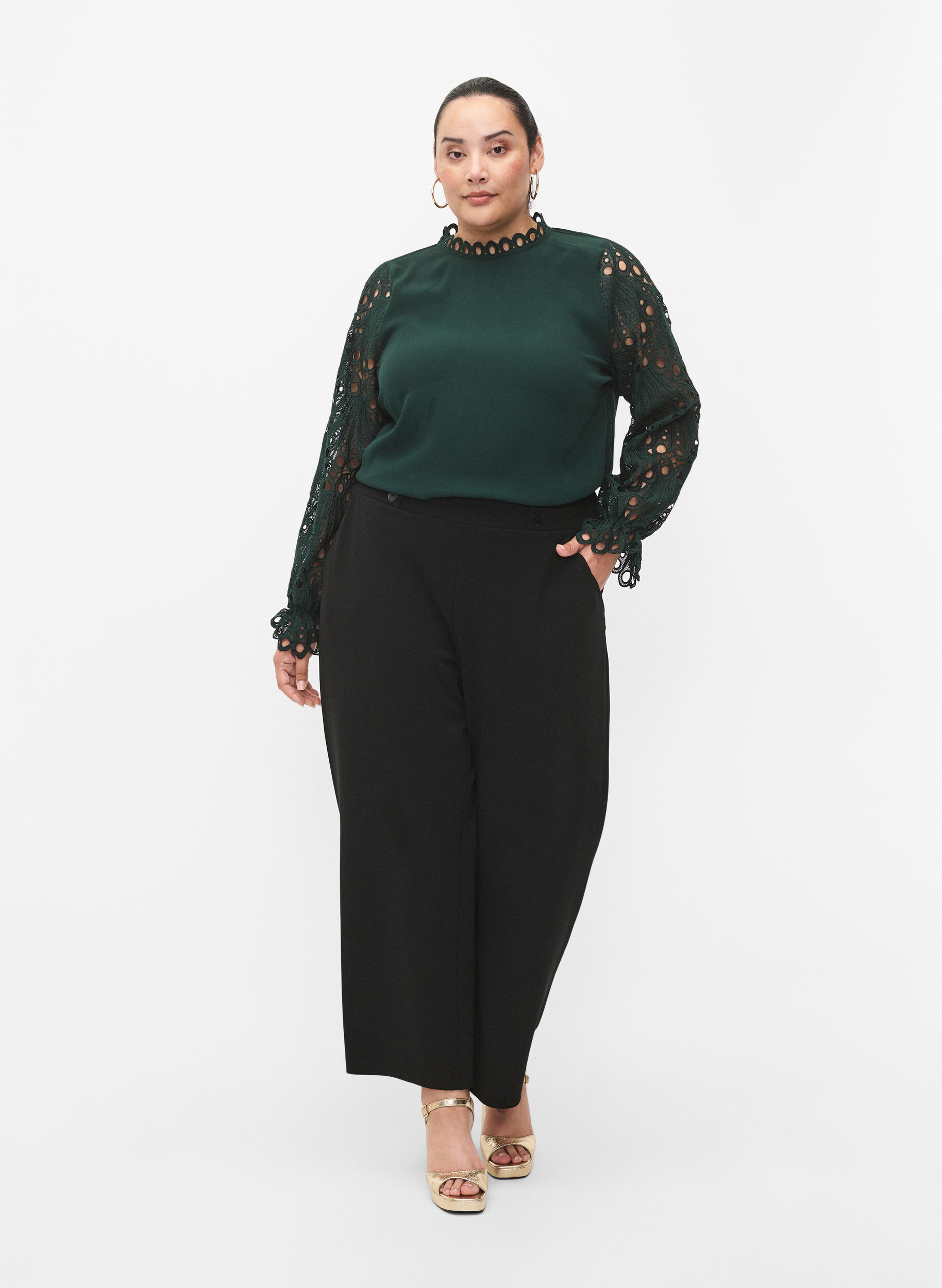 Zizzifashion Viscose blouse with crochet sleeves, Scarab, Model image number 2