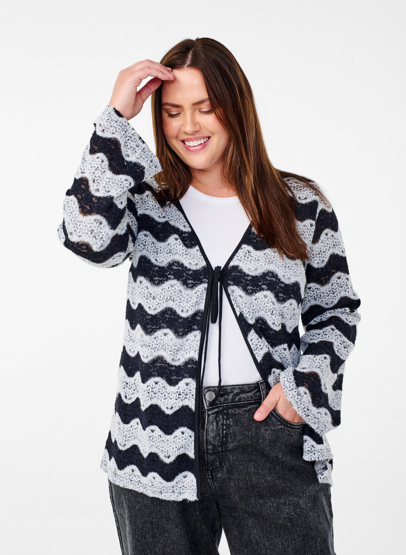 Knitted cardigan with wave pattern, Black Stripe, Model image number 0