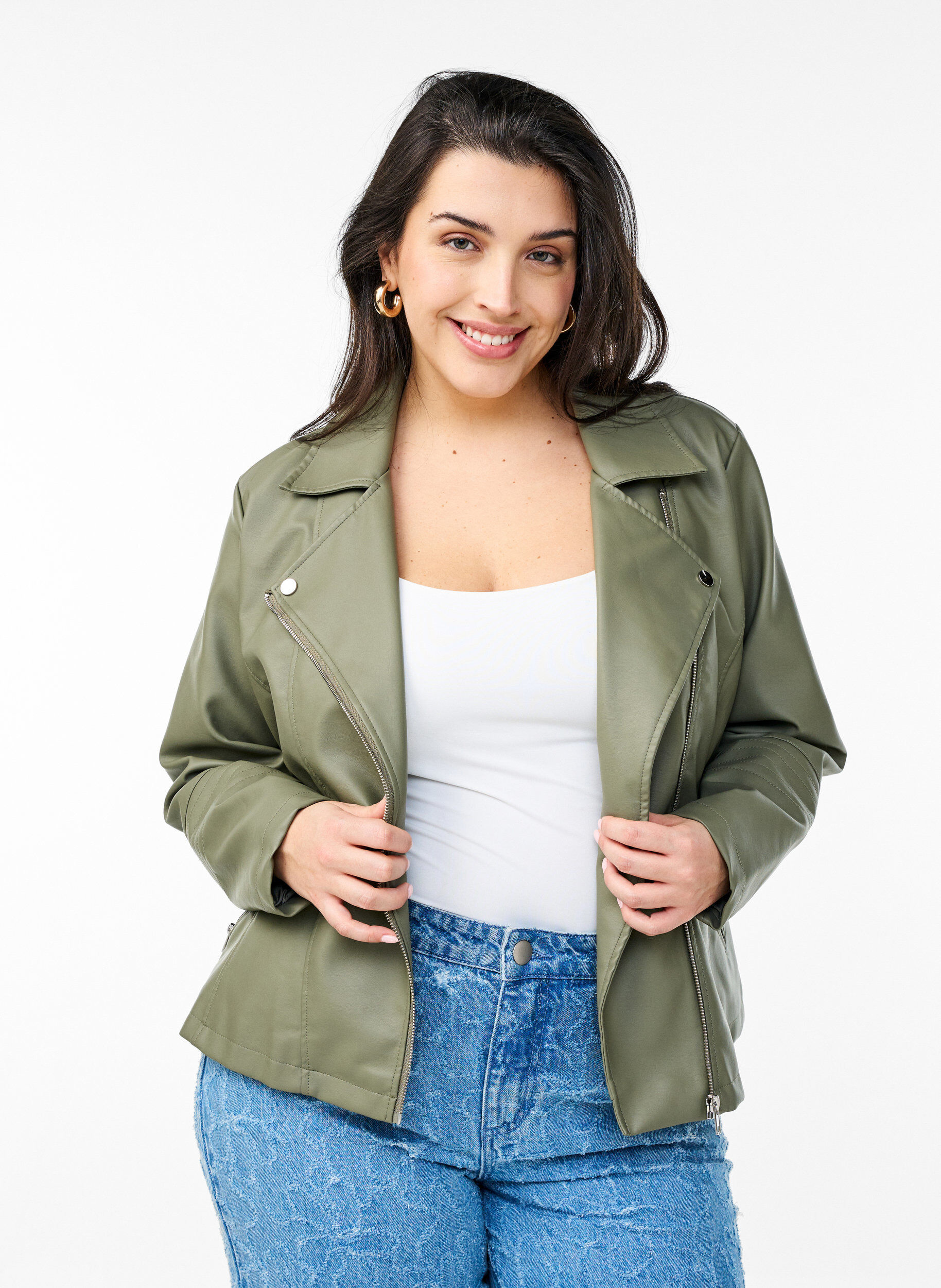 ZizzifashionFaux leather biker jacket, Green, Model image number 0
