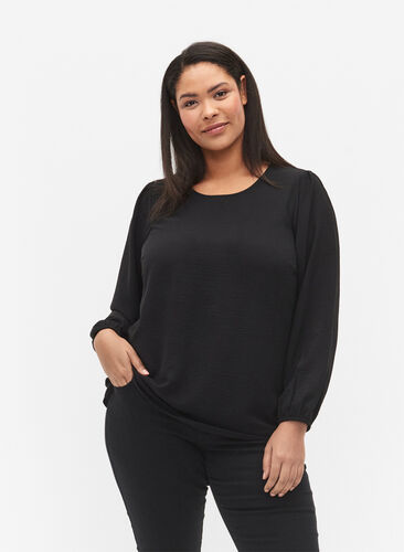 Blouse with puff sleeves, Black, Model image number 0