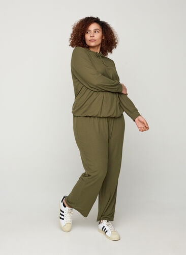 Loose trousers made from ribbed material, Olive Night, Model image number 0