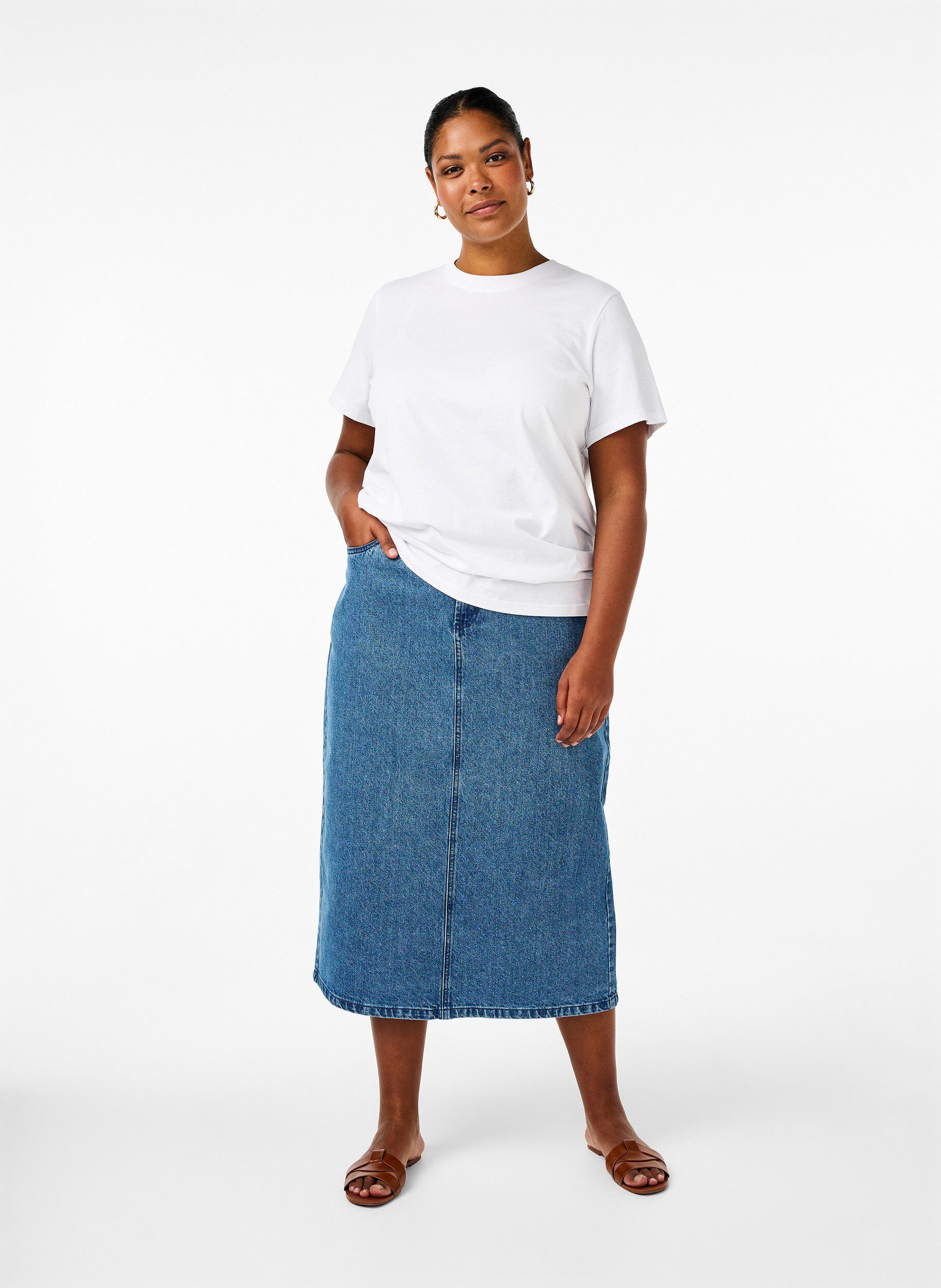 Zizzifashion Basic cotton T-shirt with round neck, White, Model image number 1