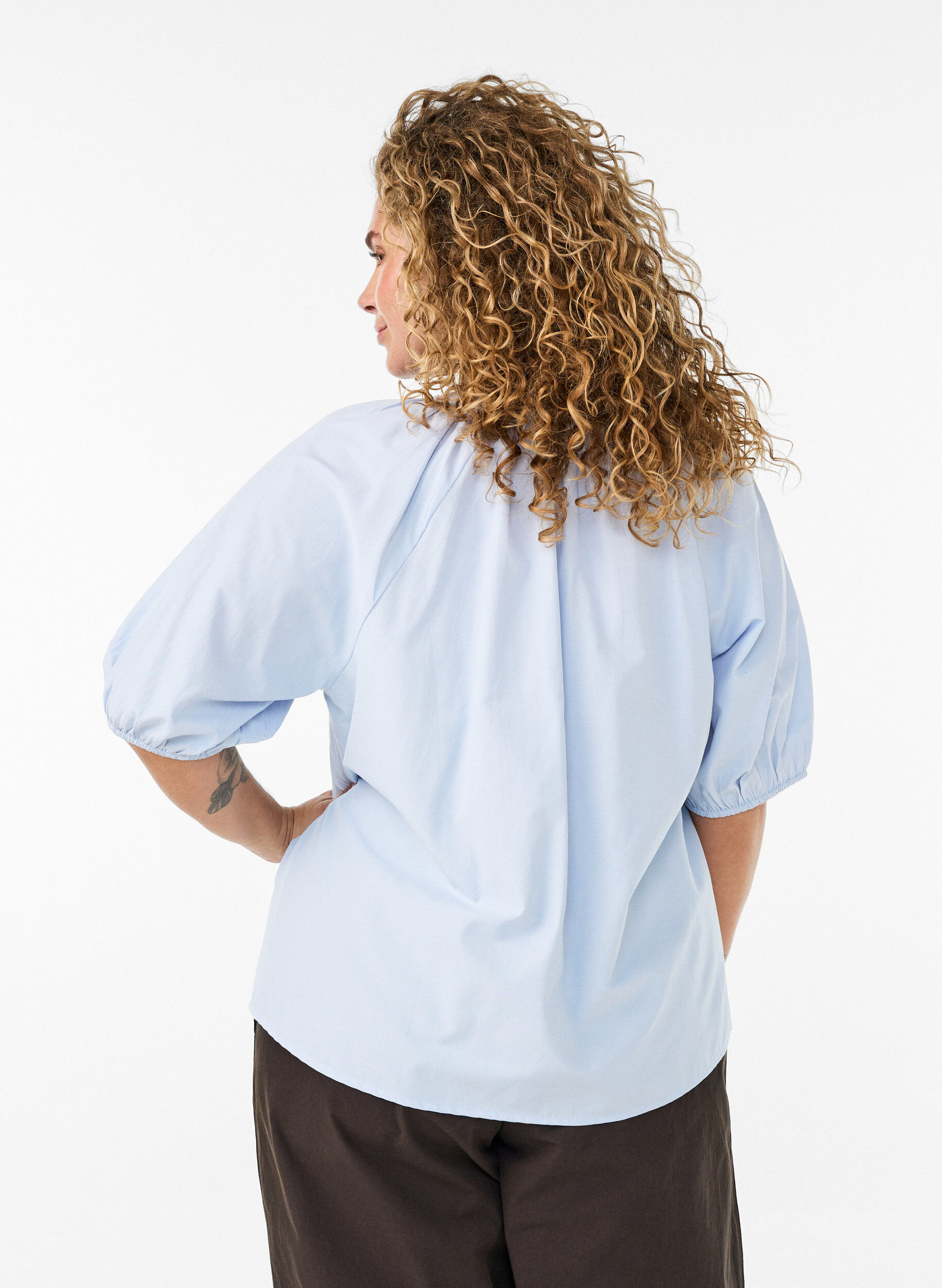 Zizzifashion Shirt blouse with button fastening and tie-belt, Light Blue, Model image number 2