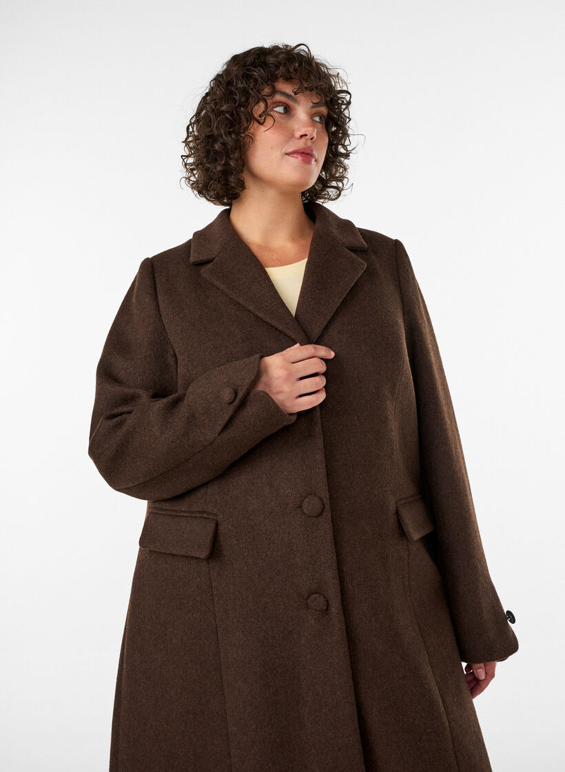 Wool blend coat with lapels and buttons, Brown, Model image number 3