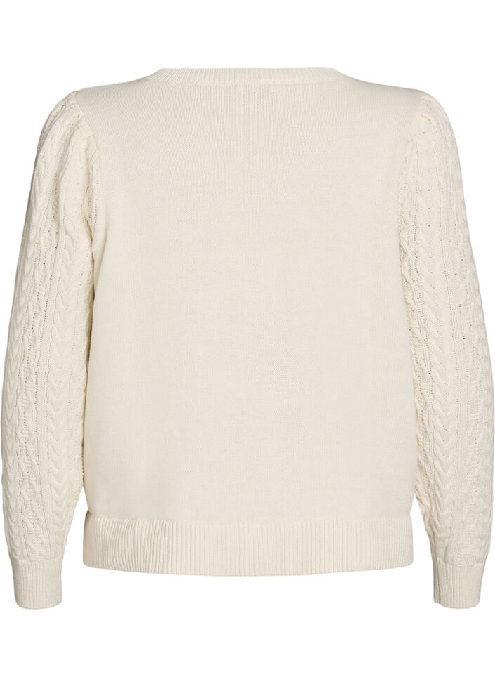 Knit blouse with cable pattern and embroidered flowers, White, Packshot image number 1