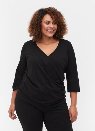 Cotton blouse with 3/4-length sleeves and wrap, Black, Model image number 0