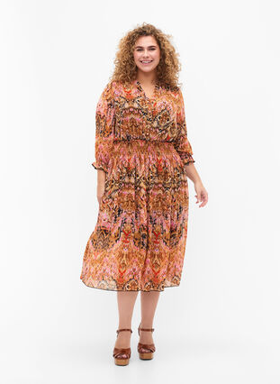 Printed midi dress with smock and 3/4 sleeves, Colorful Ethnic, Model image number 2