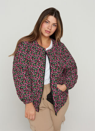 Printed bomber jacket with floral print, Black AOP, Model image number 0
