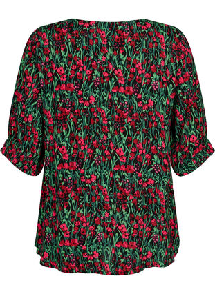 Viscose blouse with buttons, Black w. Pink Flower, Packshot image number 1