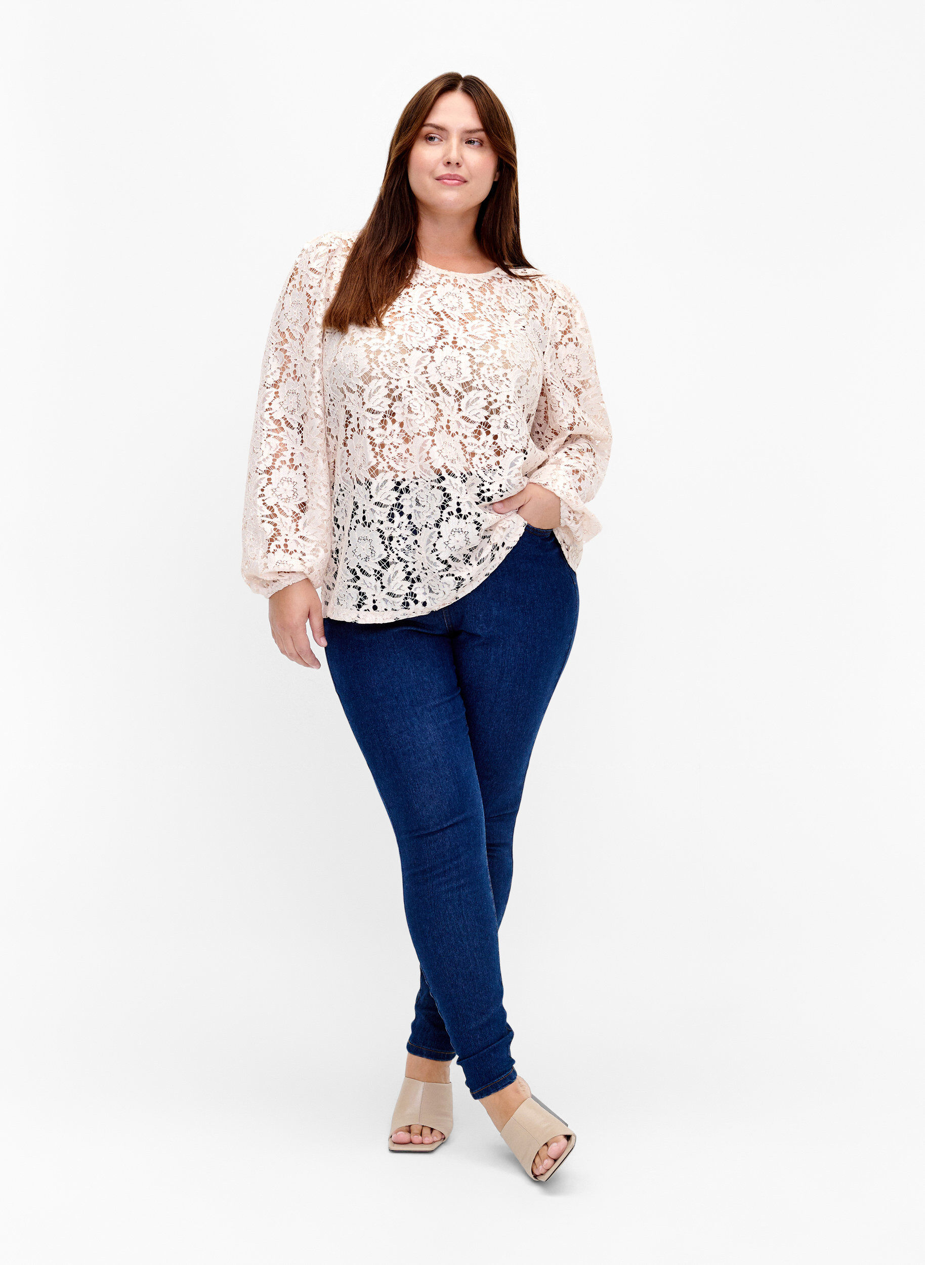 Zizzifashion FLASH - Long sleeve lace blouse, Birch, Model image number 2