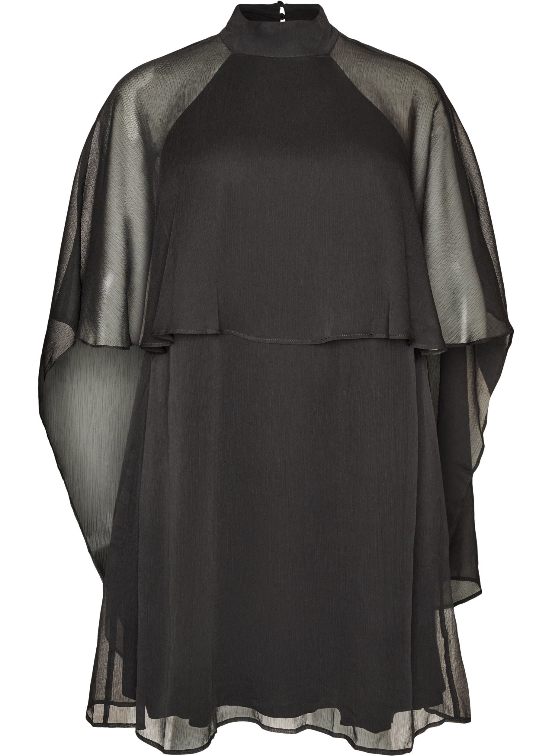 Knee-length chiffon dress with sheer cape
