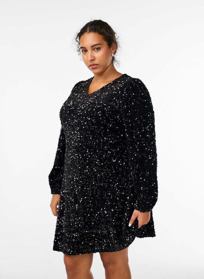 Short A-line sequin dress, Black, Model image number 1