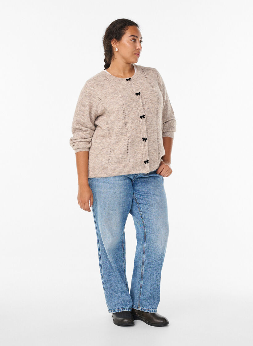 Cardigan with bow buttons and openwork pattern, Beige, Model image number 1