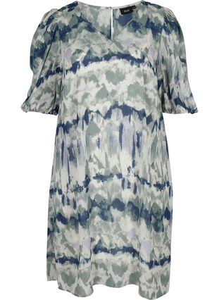 Printed dress with puff sleeves and v-neck, Chinois Green AOP, Packshot image number 0
