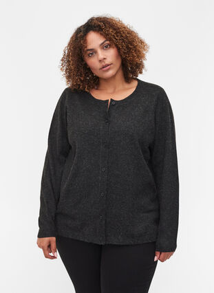 Short melange knitted cardigan with button fastening, Black, Model image number 0