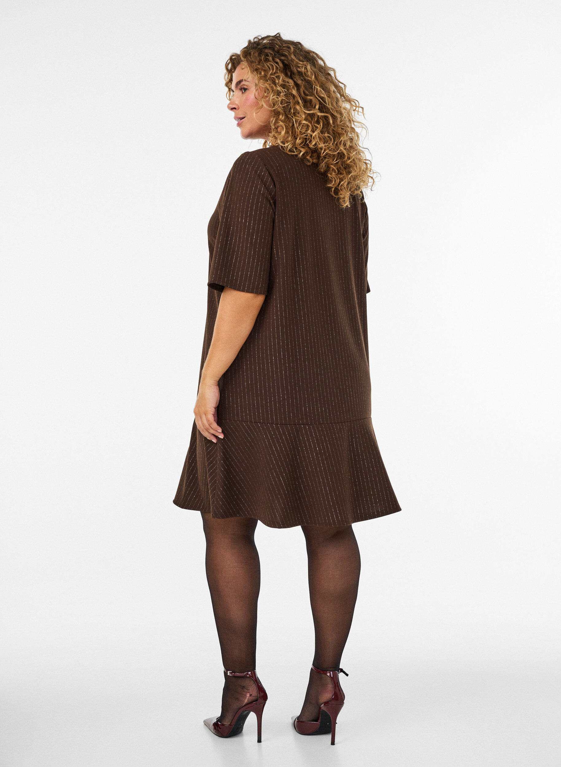 ZizzifashionShort A-line dress with glitter stripes, Brown, Model image number 2