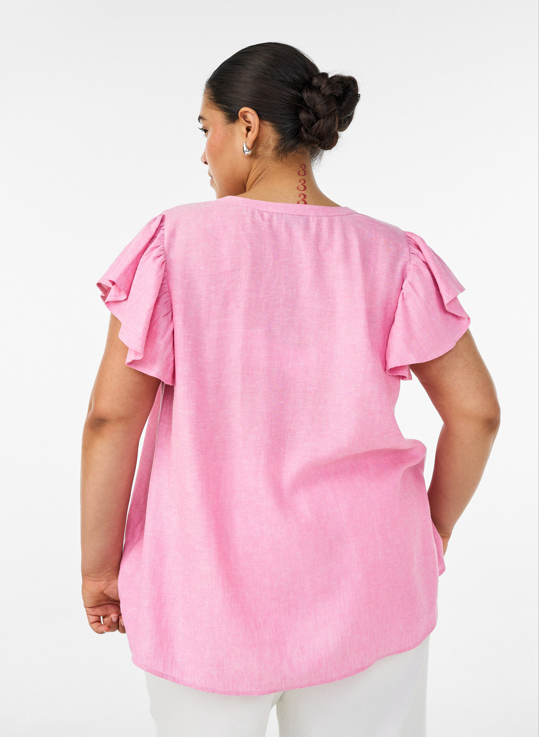 Zizzifashion Viscose and linen blouse with ruffle sleeves, Pink, Model image number 2