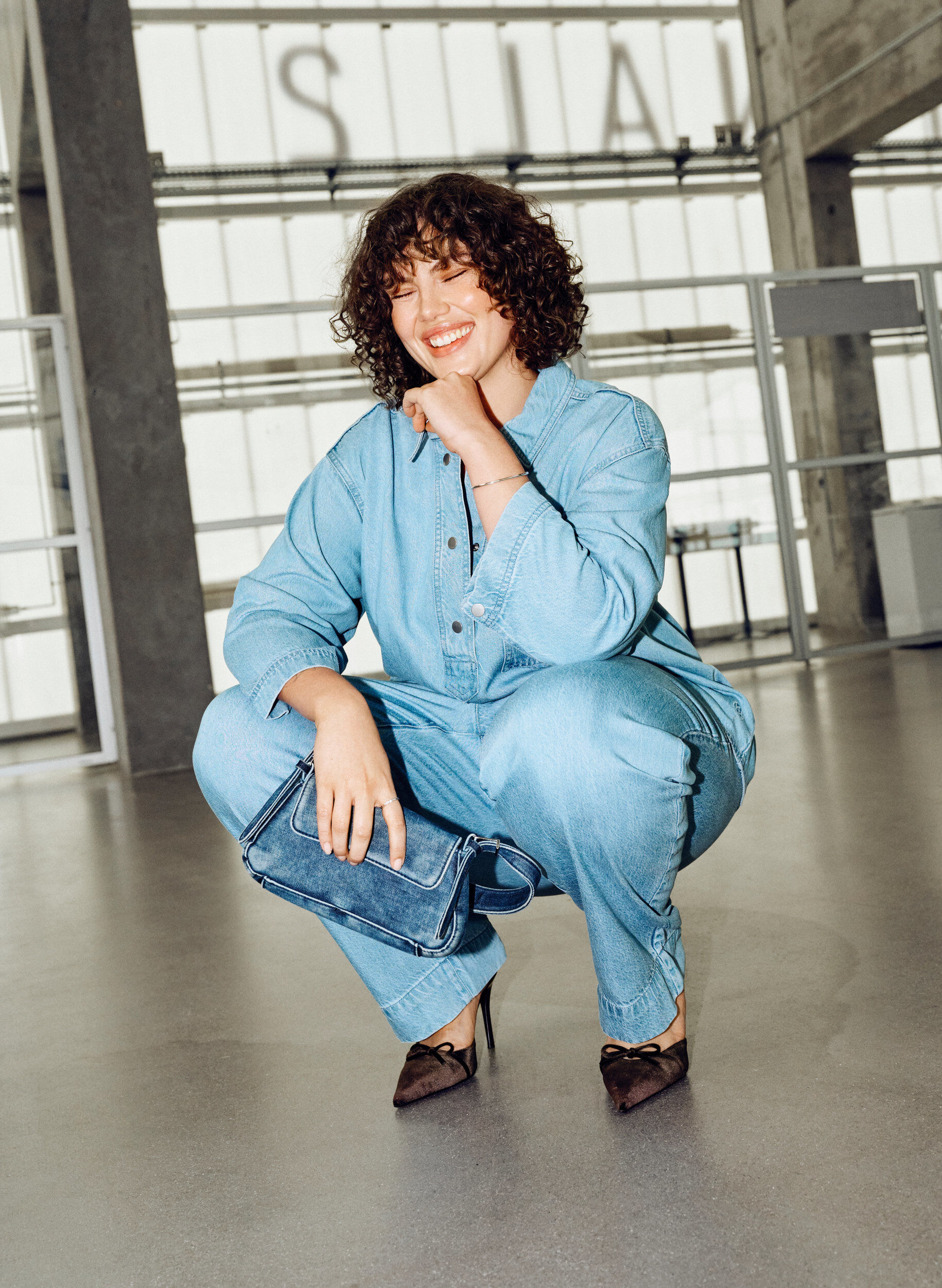 Zizzifashion Loose denim shirt with 3/4-sleeves, Light Blue, Image image number 0