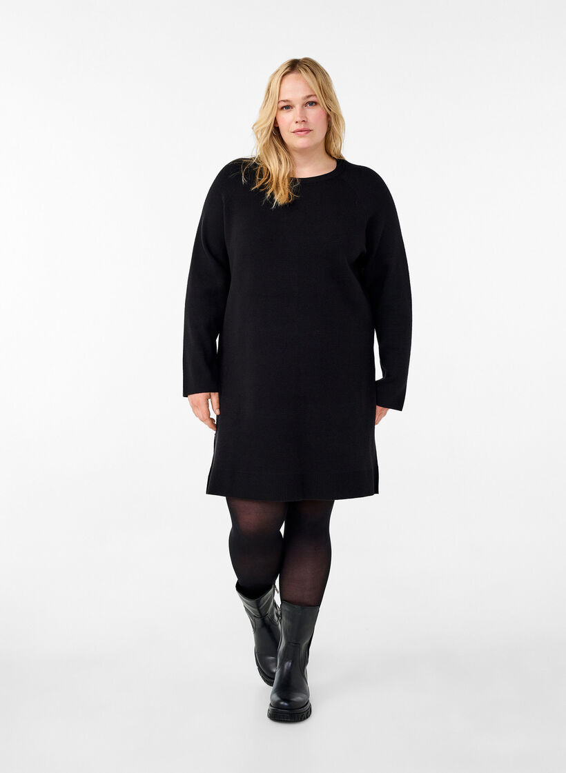 Knitted dress with a round neck and slit, Black, Model image number 1