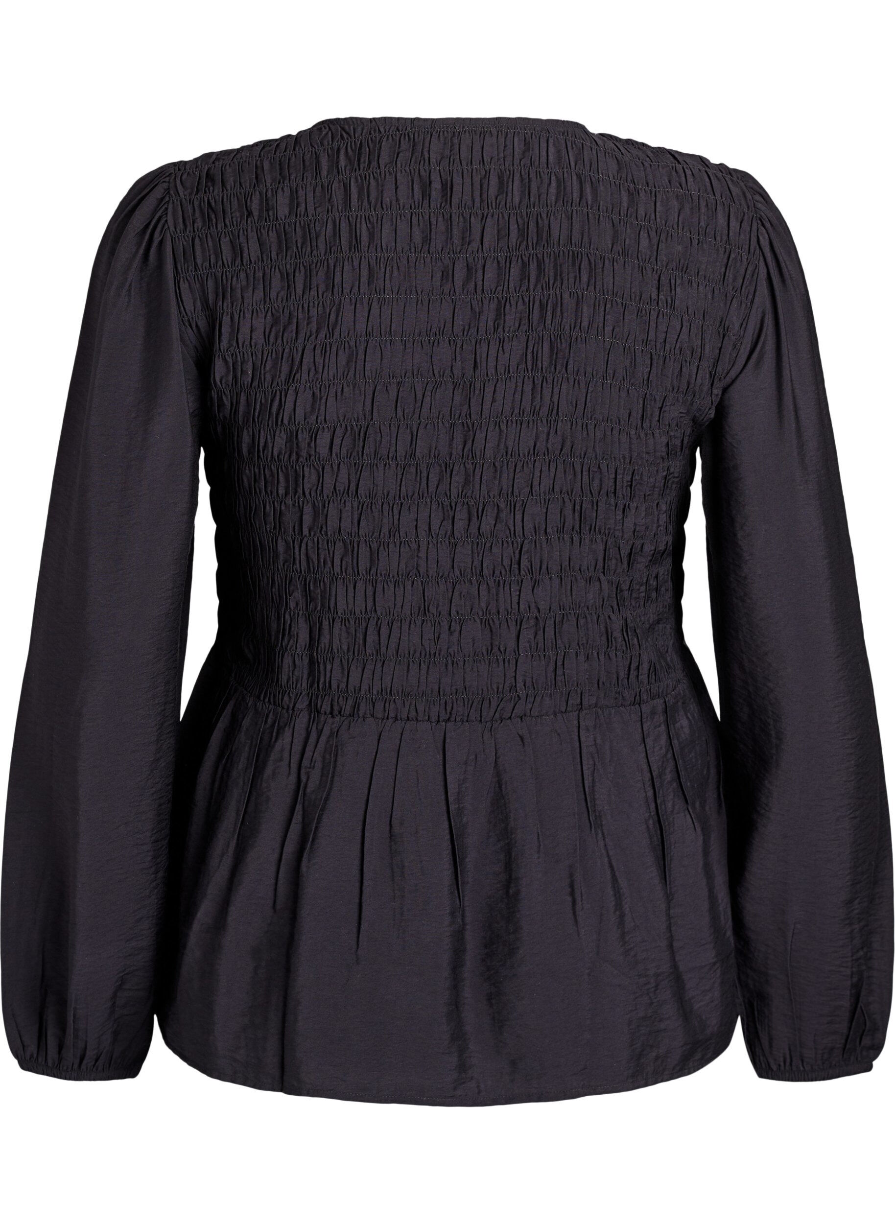ZizzifashionBlouse with smock and long sleeves, Black, Packshot image number 1