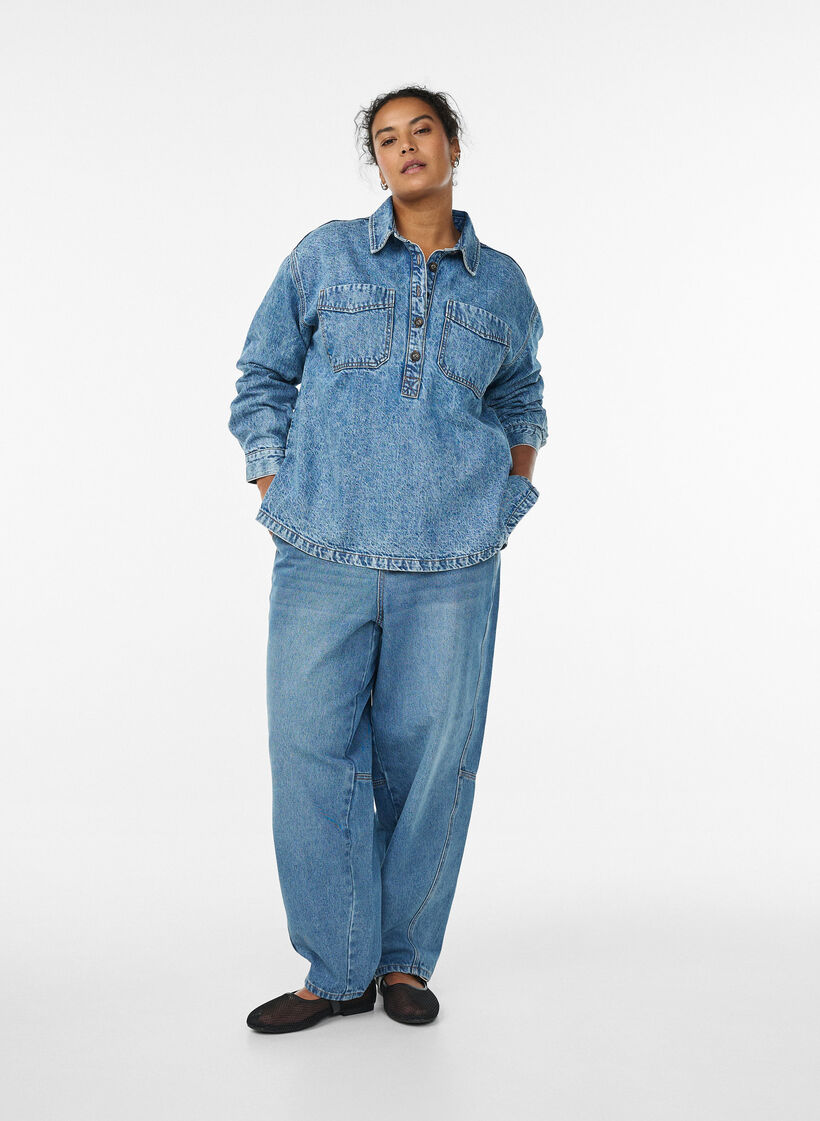 Denim shirt with half placket and chest pockets, Light Blue, Model