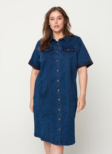 Short-sleeved denim dress, Blue denim, Model image number 0